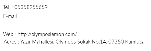 Olympos Lemon Pansiyon telefon numaralar, faks, e-mail, posta adresi ve iletiim bilgileri